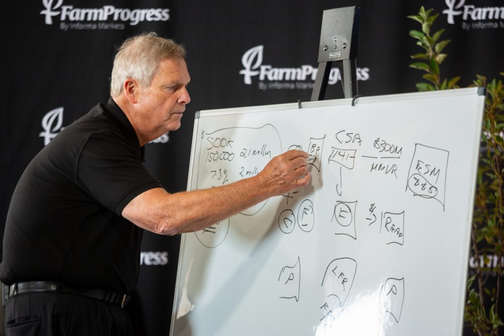 USDA Secretary Tom Vilsack writes on a whiteboard at the Farm Progress Show in Decatur.