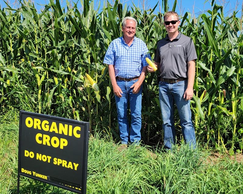 Yunkers standing in field of corn with sign requesting "organic crop - do not spray"